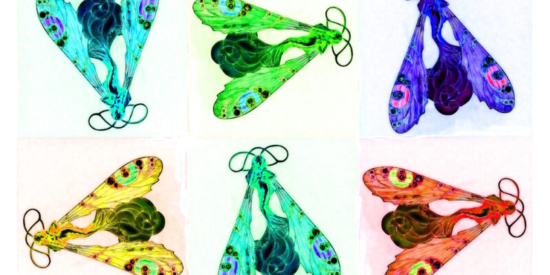 Manufakturen-Blog-PopArt-Projekt: Aus dem Tierreich I (Libellen), weiß / bunt (Foto: Wigmar Bressel) - basierend auf einem Foto der Brosche 'Weibliche Libelle' des Glasmanufakteurs René Lalique aus der Zeit zwischen 1897 und 1899, fotografiert im Werksmuseum der Glasmanufaktur Lalique im elsäßischen Wingen-sur-Moder.