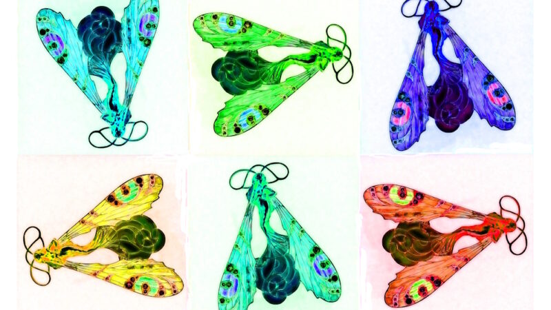 Manufakturen-Blog-PopArt-Projekt: Aus dem Tierreich I (Libellen), weiß / bunt (Foto: Wigmar Bressel) - basierend auf einem Foto der Brosche 'Weibliche Libelle' des Glasmanufakteurs René Lalique aus der Zeit zwischen 1897 und 1899, fotografiert im Werksmuseum der Glasmanufaktur Lalique im elsäßischen Wingen-sur-Moder.