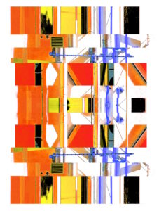 Manufakturen-Blog-PopArt-Projekt: Die Porzellanmanufaktur Fürstenberg VII (fragmentiert), orange (Foto: Wigmar Bressel) aus der Serie 'Spiegelungen' - Collage, basierend auf einem Foto des heutigen Produktionsgebäudes am Schloss Fürstenberg im Weser-Bergland