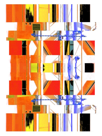 Manufakturen-Blog-PopArt-Projekt: Die Porzellanmanufaktur Fürstenberg VII (fragmentiert), orange (Foto: Wigmar Bressel) aus der Serie 'Spiegelungen' - Collage, basierend auf einem Foto des heutigen Produktionsgebäudes am Schloss Fürstenberg im Weser-Bergland