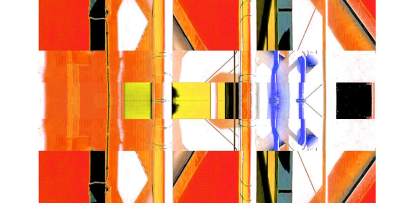 Manufakturen-Blog-PopArt-Projekt: Die Porzellanmanufaktur Fürstenberg VII (fragmentiert), orange (Foto: Wigmar Bressel) aus der Serie 'Spiegelungen' - Collage, basierend auf einem Foto des heutigen Produktionsgebäudes am Schloss Fürstenberg im Weser-Bergland