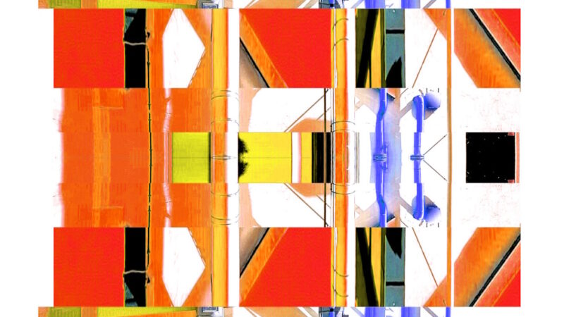 Manufakturen-Blog-PopArt-Projekt: Die Porzellanmanufaktur Fürstenberg VII (fragmentiert), orange (Foto: Wigmar Bressel) aus der Serie 'Spiegelungen' - Collage, basierend auf einem Foto des heutigen Produktionsgebäudes am Schloss Fürstenberg im Weser-Bergland