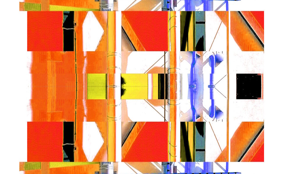 Manufakturen-Blog-PopArt-Projekt: Die Porzellanmanufaktur Fürstenberg VII (fragmentiert), orange (Foto: Wigmar Bressel) aus der Serie 'Spiegelungen' - Collage, basierend auf einem Foto des heutigen Produktionsgebäudes am Schloss Fürstenberg im Weser-Bergland