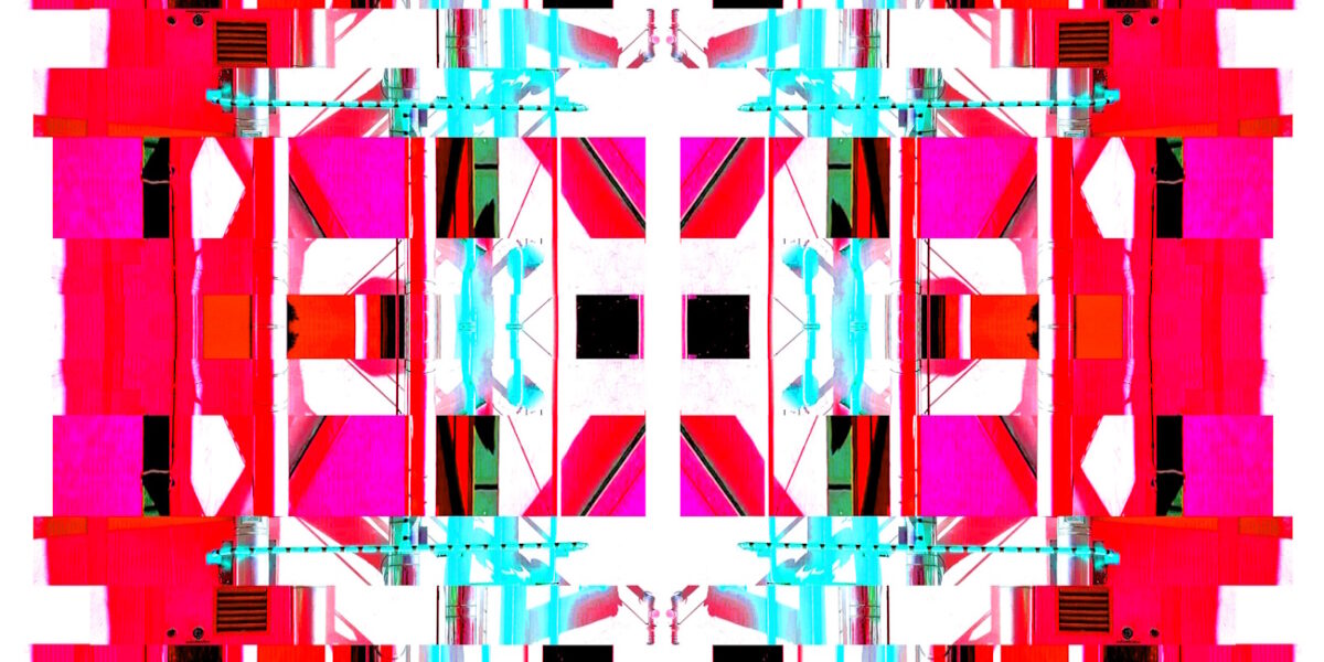 Manufakturen-Blog-PopArt-Projekt: Die Porzellanmanufaktur Fürstenberg VIII (fragmentiert), rot / eisblau (Foto: Wigmar Bressel) aus der Serie 'Spiegelungen' - basierend auf einer Collage nach einem Foto des heutigen Produktionsgebäudes am Schloss Fürstenberg im Weser-Bergland