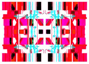 Manufakturen-Blog-PopArt-Projekt: Die Porzellanmanufaktur Fürstenberg VIII (fragmentiert), rot / eisblau (Foto: Wigmar Bressel) aus der Serie 'Spiegelungen' - basierend auf einr Collge nach einem Foto des heutigen Produktionsgebäudes am Schloss Fürstenberg im Weser-Bergland