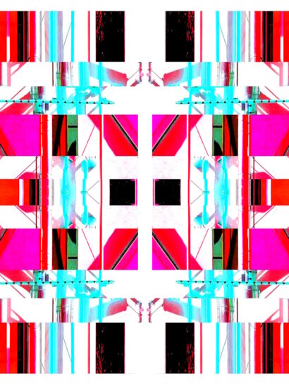 Manufakturen-Blog-PopArt-Projekt: Die Porzellanmanufaktur Fürstenberg VIII (fragmentiert), rot / eisblau (Foto: Wigmar Bressel) aus der Serie 'Spiegelungen' - basierend auf einer Collage nach einem Foto des heutigen Produktionsgebäudes am Schloss Fürstenberg im Weser-Bergland