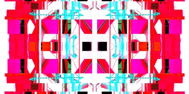 Manufakturen-Blog-PopArt-Projekt: Die Porzellanmanufaktur Fürstenberg VIII (fragmentiert), rot / eisblau (Foto: Wigmar Bressel) aus der Serie 'Spiegelungen' - basierend auf einer Collage nach einem Foto des heutigen Produktionsgebäudes am Schloss Fürstenberg im Weser-Bergland