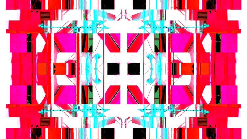 Manufakturen-Blog-PopArt-Projekt: Die Porzellanmanufaktur Fürstenberg VIII (fragmentiert), rot / eisblau (Foto: Wigmar Bressel) aus der Serie 'Spiegelungen' - basierend auf einer Collage nach einem Foto des heutigen Produktionsgebäudes am Schloss Fürstenberg im Weser-Bergland