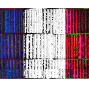 Manufakturen-Blog-PopArt-Projekt: Hochregallager VIII (Fahnen), blau / weiß / rot (Foto: Wigmar Bressel) aus der Serie 'Spiegelungen' - Collage, basierend auf einem Foto von Martin Specht in der Ofenhalle der Freiherr von Poschinger Glasmanufaktur in Frauenau im Bayerischen Wald