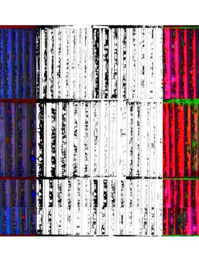 Manufakturen-Blog-PopArt-Projekt: Hochregallager VIII (Fahnen), blau / weiß / rot (Foto: Wigmar Bressel) aus der Serie 'Spiegelungen' - Collage, basierend auf einem Foto von Martin Specht in der Ofenhalle der Freiherr von Poschinger Glasmanufaktur in Frauenau im Bayerischen Wald