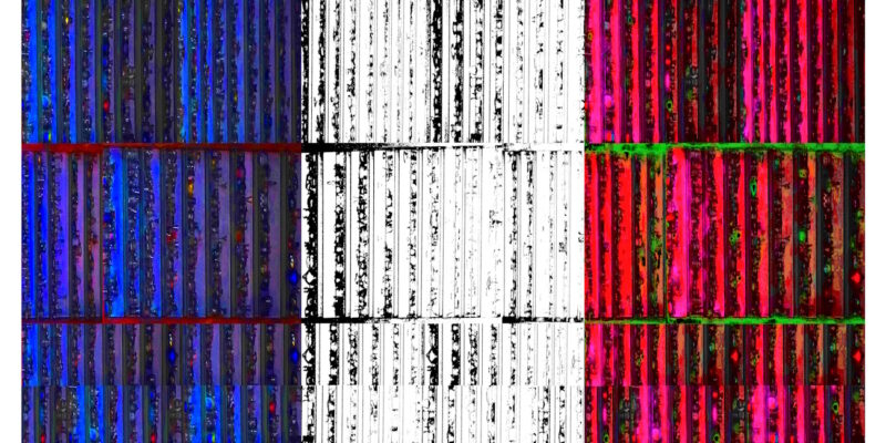 Manufakturen-Blog-PopArt-Projekt: Hochregallager VIII (Fahnen), blau / weiß / rot (Foto: Wigmar Bressel) aus der Serie 'Spiegelungen' - Collage, basierend auf einem Foto von Martin Specht in der Ofenhalle der Freiherr von Poschinger Glasmanufaktur in Frauenau im Bayerischen Wald