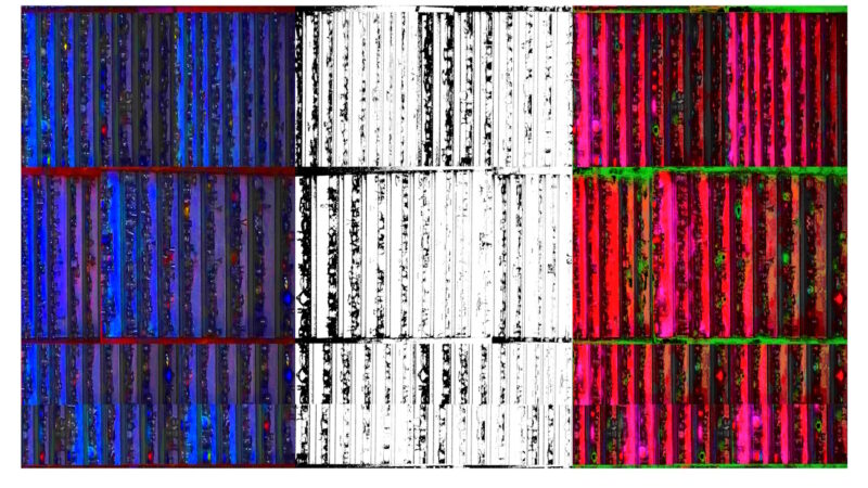 Manufakturen-Blog-PopArt-Projekt: Hochregallager VIII (Fahnen), blau / weiß / rot (Foto: Wigmar Bressel) aus der Serie 'Spiegelungen' - Collage, basierend auf einem Foto von Martin Specht in der Ofenhalle der Freiherr von Poschinger Glasmanufaktur in Frauenau im Bayerischen Wald