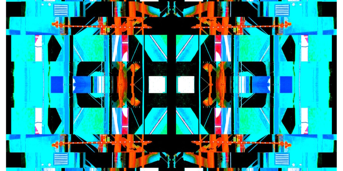 Manufakturen-Blog-PopArt-Projekt: Die Porzellanmanufaktur Fürstenberg IX (fragmentiert), jade / blau / orange (Foto: Wigmar Bressel) aus der Serie 'Spiegelungen' - basierend auf einer Collage nach einem Foto des heutigen Produktionsgebäudes am Schloss Fürstenberg im Weser-Bergland