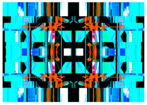 Manufakturen-Blog-PopArt-Projekt: Die Porzellanmanufaktur Fürstenberg IX (fragmentiert), jade / blau / orange (Foto: Wigmar Bressel) aus der Serie 'Spiegelungen' - basierend auf einer Collage nach einem Foto des heutigen Produktionsgebäudes am Schloss Fürstenberg im Weser-Bergland