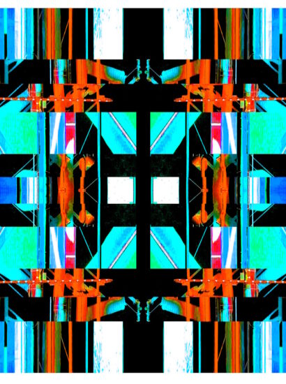 Manufakturen-Blog-PopArt-Projekt: Die Porzellanmanufaktur Fürstenberg IX (fragmentiert), jade / blau / orange (Foto: Wigmar Bressel) aus der Serie 'Spiegelungen' - basierend auf einer Collage nach einem Foto des heutigen Produktionsgebäudes am Schloss Fürstenberg im Weser-Bergland