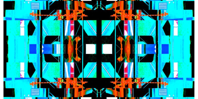 Manufakturen-Blog-PopArt-Projekt: Die Porzellanmanufaktur Fürstenberg IX (fragmentiert), jade / blau / orange (Foto: Wigmar Bressel) aus der Serie 'Spiegelungen' - basierend auf einer Collage nach einem Foto des heutigen Produktionsgebäudes am Schloss Fürstenberg im Weser-Bergland