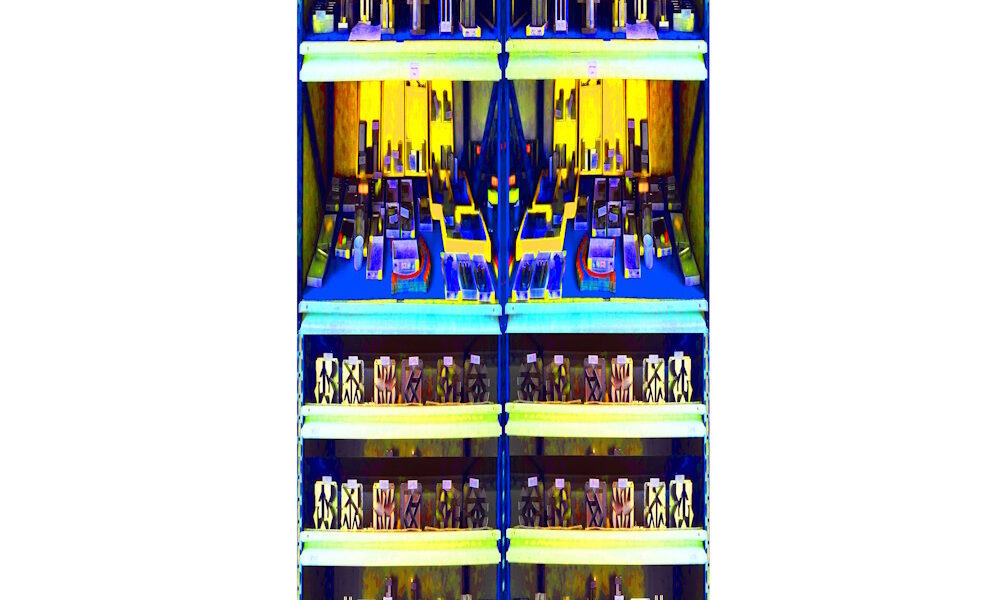 Manufakturen-Blog-PopArt-Projekt: Werkzeugregal II, gelb / blau (Foto: Wigmar Bressel) - basierend auf einem Foto im Werkzeuglager bei der Ankerstein GmbH, dem ältesten Systembaukasten-Hersteller der Welt, im thüringischen Rudolstadt