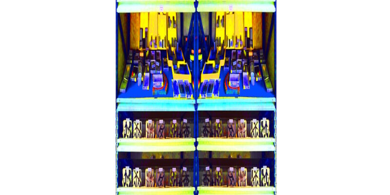 Manufakturen-Blog-PopArt-Projekt: Werkzeugregal II, gelb / blau (Foto: Wigmar Bressel) - basierend auf einem Foto im Werkzeuglager bei der Ankerstein GmbH, dem ältesten Systembaukasten-Hersteller der Welt, im thüringischen Rudolstadt