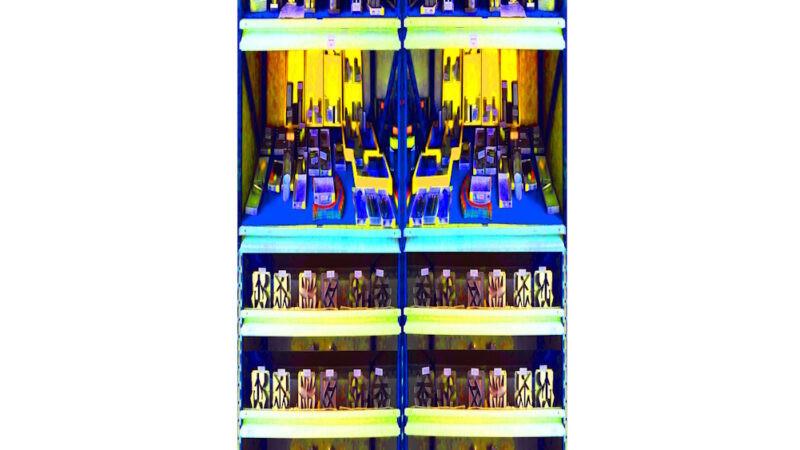 Manufakturen-Blog-PopArt-Projekt: Werkzeugregal II, gelb / blau (Foto: Wigmar Bressel) - basierend auf einem Foto im Werkzeuglager bei der Ankerstein GmbH, dem ältesten Systembaukasten-Hersteller der Welt, im thüringischen Rudolstadt