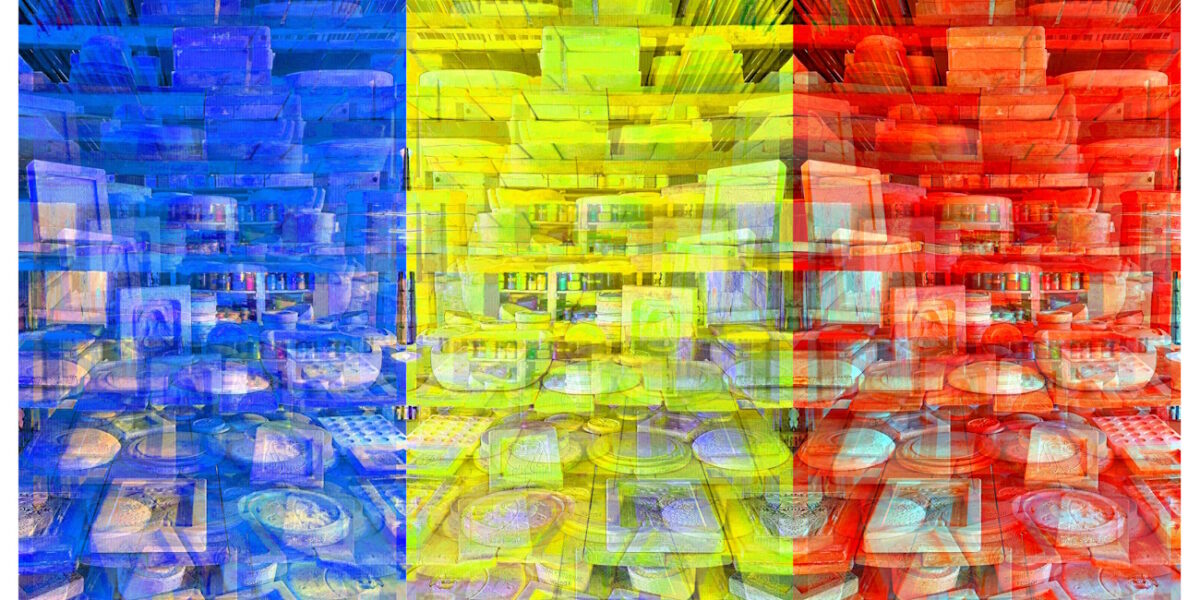 Manufakturen-Blog-PopArt-Projekt: Formenlager V (Fahnen), blau / gelb / rot (Foto: Wigmar Bressel) aus der Serie 'Spiegelungen' - basierend auf einem Foto im Marstall der Dornburger Schlösser, dem heutigen Bauhaus-Werkstatt-Museum in Dornburg, wo die Bauhaus-Keramik ihren Anfang nahm