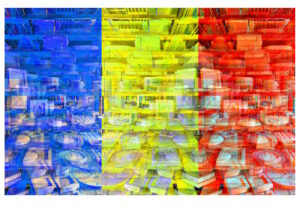 Manufakturen-Blog-PopArt-Projekt: Formenlager V (Fahnen), blau / gelb / rot (Foto: Wigmar Bressel) aus der Serie 'Spiegelungen' - basierend auf einem Foto im Marstall der Dornburger Schlösser, dem heutigen Bauhaus-Werkstatt-Museum in Dornburg, wo die Bauhaus-Keramik ihren Anfang nahm