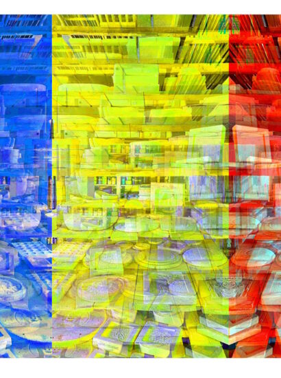 Manufakturen-Blog-PopArt-Projekt: Formenlager V (Fahnen), blau / gelb / rot (Foto: Wigmar Bressel) aus der Serie 'Spiegelungen' - basierend auf einem Foto im Marstall der Dornburger Schlösser, dem heutigen Bauhaus-Werkstatt-Museum in Dornburg, wo die Bauhaus-Keramik ihren Anfang nahm