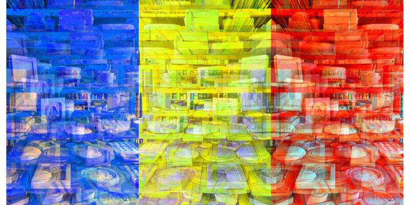 Manufakturen-Blog-PopArt-Projekt: Formenlager V (Fahnen), blau / gelb / rot (Foto: Wigmar Bressel) aus der Serie 'Spiegelungen' - basierend auf einem Foto im Marstall der Dornburger Schlösser, dem heutigen Bauhaus-Werkstatt-Museum in Dornburg, wo die Bauhaus-Keramik ihren Anfang nahm