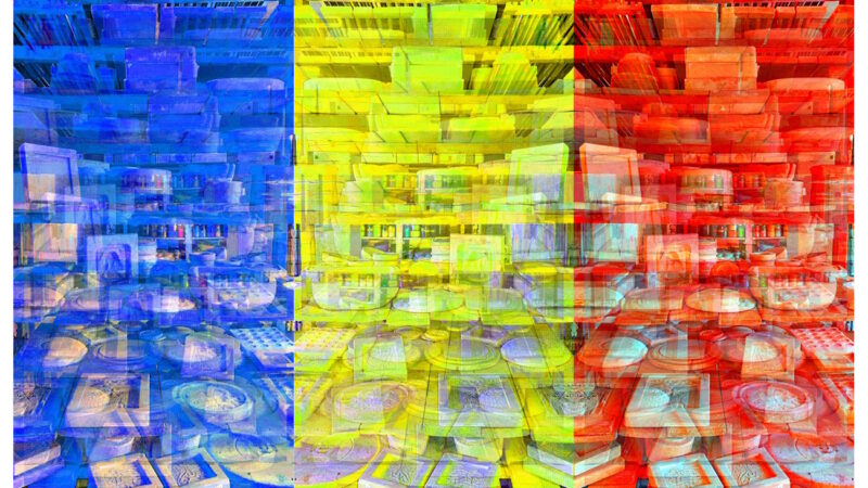 Manufakturen-Blog-PopArt-Projekt: Formenlager V (Fahnen), blau / gelb / rot (Foto: Wigmar Bressel) aus der Serie 'Spiegelungen' - basierend auf einem Foto im Marstall der Dornburger Schlösser, dem heutigen Bauhaus-Werkstatt-Museum in Dornburg, wo die Bauhaus-Keramik ihren Anfang nahm