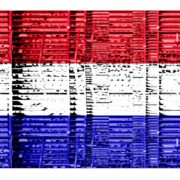 Manufakturen-Blog-PopArt-Projekt: Hochregallager IX (Fahnen), rot / weiß / blau (Foto: Wigmar Bressel) aus der Serie 'Spiegelungen' - Collage, basierend auf einem Foto in der Produktion bei Deumer, der Manufaktur für Orden und Manschettenknöpfe in Lüdenscheid