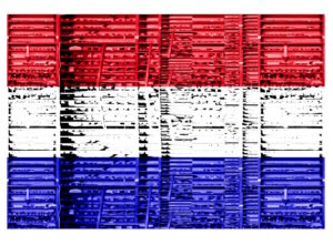 Manufakturen-Blog-PopArt-Projekt: Hochregallager IX (Fahnen), rot / weiß / blau (Foto: Wigmar Bressel) - Collage, basierend auf einem Foto in der Produktion bei Deumer, der Manufaktur für Orden und Manschettenknöpfe in Lüdenscheid
