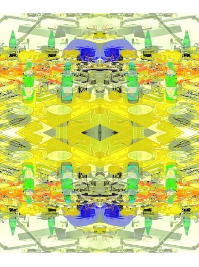Manufakturen-Blog-PopArt-Projekt: Arbeitsplatzlampen & Gerolsteiner, zitronengelb (Foto: Wigmar Bressel) aus der Serie 'Spiegelungen' - basierend auf einem Foto im Werkzeugbau der Produktion der Medaillen- und Manschettenknopf-Manufaktur Deumer in Lüdenscheid