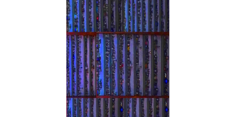 Manufakturen-Blog-PopArt-Projekt: Hochregallager VII, blau (Foto: Wigmar Bressel) - Collage, basierend auf einem Foto von Martin Specht in der Ofenhalle der Freiherr von Poschinger Glasmanufaktur in Frauenau im Bayerischen Wald