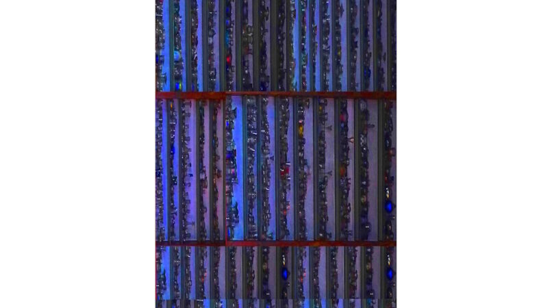 Manufakturen-Blog-PopArt-Projekt: Hochregallager VII, blau (Foto: Wigmar Bressel) - Collage, basierend auf einem Foto von Martin Specht in der Ofenhalle der Freiherr von Poschinger Glasmanufaktur in Frauenau im Bayerischen Wald
