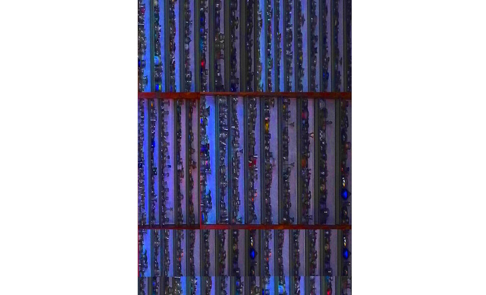 Manufakturen-Blog-PopArt-Projekt: Hochregallager VII, blau (Foto: Wigmar Bressel) - Collage, basierend auf einem Foto von Martin Specht in der Ofenhalle der Freiherr von Poschinger Glasmanufaktur in Frauenau im Bayerischen Wald