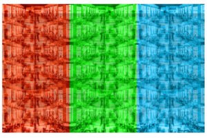 Manufakturen-Blog-PopArt-Projekt: Mitarbeiter VI (Fahnen), rot / grün / blau (Foto: Wigmar Bressel) aus der Serie 'Spiegelungen' - Collage, basierend auf einem historischen Foto aus dem Jahr 1926 in der Silberwarenmanufakur Koch & Bergfeld in Bremen im Kirchweg 200