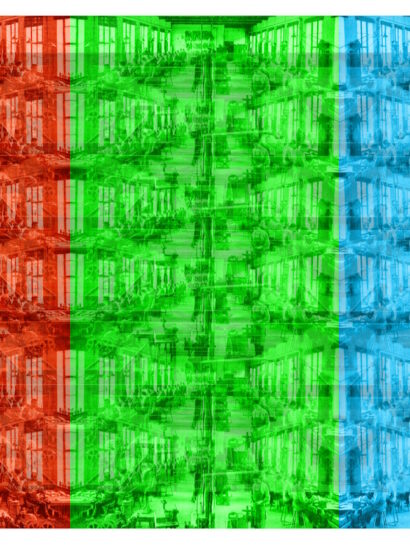 Manufakturen-Blog-PopArt-Projekt: Mitarbeiter VI (Fahnen), rot / grün / blau (Foto: Wigmar Bressel) aus der Serie 'Spiegelungen' - Collage, basierend auf einem historischen Foto aus dem Jahr 1926 in der Silberwarenmanufakur Koch & Bergfeld in Bremen im Kirchweg 200