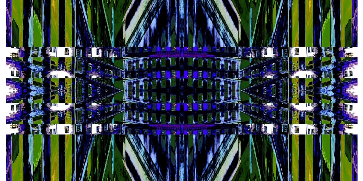 Manufakturen-Blog-PopArt-Projekt: Die Königliche Porzellan-Manufaktur VI (Nacht, fragmentiert), ultramarienblau / olive (Foto: Wigmar Bressel) - basierend auf einer Collage nach einem Foto des KPM-Quartiers in der Wegelystraße in Berlin
