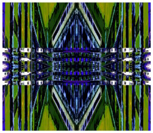 Manufakturen-Blog-PopArt-Projekt: Die Königliche Porzellan-Manufaktur VI (Nacht, fragmentiert), ultramarienblau / olive (Foto: Wigmar Bressel) - basierend auf einer Collage nach einem Foto des KPM-Quartiers in der Wegelystraße in Berlin