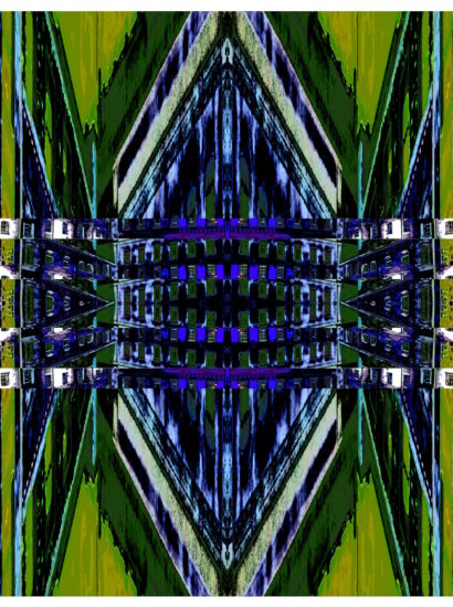 Manufakturen-Blog-PopArt-Projekt: Die Königliche Porzellan-Manufaktur VI (Nacht, fragmentiert), ultramarienblau / olive (Foto: Wigmar Bressel) - basierend auf einer Collage nach einem Foto des KPM-Quartiers in der Wegelystraße in Berlin