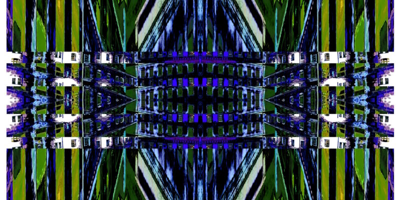 Manufakturen-Blog-PopArt-Projekt: Die Königliche Porzellan-Manufaktur VI (Nacht, fragmentiert), ultramarienblau / olive (Foto: Wigmar Bressel) - basierend auf einer Collage nach einem Foto des KPM-Quartiers in der Wegelystraße in Berlin