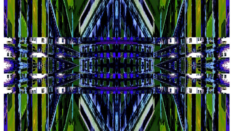Manufakturen-Blog-PopArt-Projekt: Die Königliche Porzellan-Manufaktur VI (Nacht, fragmentiert), ultramarienblau / olive (Foto: Wigmar Bressel) - basierend auf einer Collage nach einem Foto des KPM-Quartiers in der Wegelystraße in Berlin