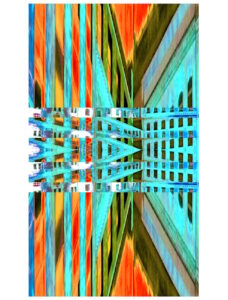 Manufakturen-Blog-PopArt-Projekt: Die Königliche Porzellan-Manufaktur V (Nacht, fragmentiert), orange / jade (Foto: Wigmar Bressel) - basierend auf einer Collage nach einem Foto des KPM-Quartiers in der Wegelystraße in Berlin