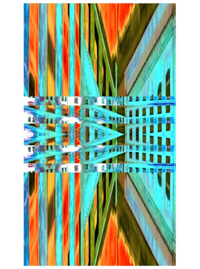 Manufakturen-Blog-PopArt-Projekt: Die Königliche Porzellan-Manufaktur V (Nacht, fragmentiert), orange / jade (Foto: Wigmar Bressel) - basierend auf einer Collage nach einem Foto des KPM-Quartiers in der Wegelystraße in Berlin