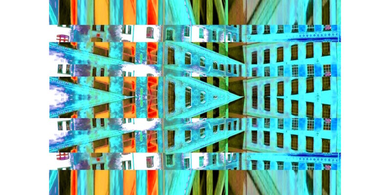 Manufakturen-Blog-PopArt-Projekt: Die Königliche Porzellan-Manufaktur V (Nacht, fragmentiert), orange / jade (Foto: Wigmar Bressel) - basierend auf einer Collage nach einem Foto des KPM-Quartiers in der Wegelystraße in Berlin