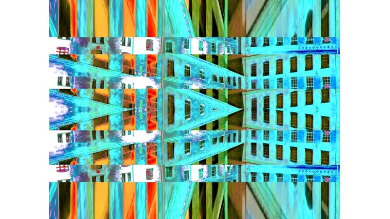 Manufakturen-Blog-PopArt-Projekt: Die Königliche Porzellan-Manufaktur V (Nacht, fragmentiert), orange / jade (Foto: Wigmar Bressel) - basierend auf einer Collage nach einem Foto des KPM-Quartiers in der Wegelystraße in Berlin