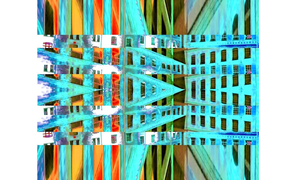 Manufakturen-Blog-PopArt-Projekt: Die Königliche Porzellan-Manufaktur V (Nacht, fragmentiert), orange / jade (Foto: Wigmar Bressel) - basierend auf einer Collage nach einem Foto des KPM-Quartiers in der Wegelystraße in Berlin