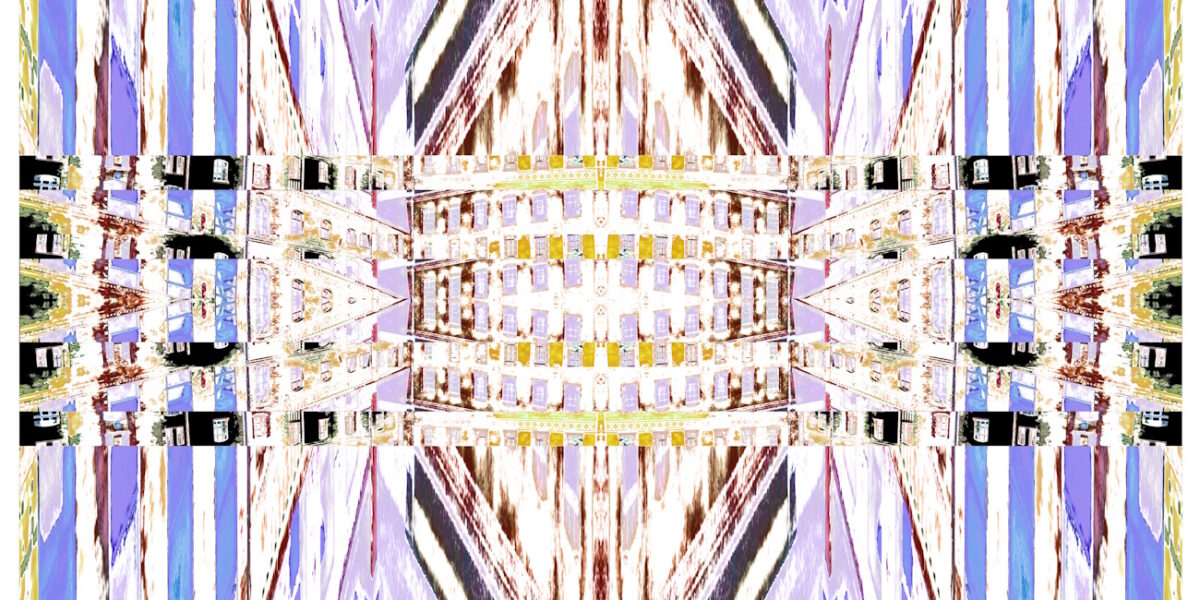 Manufakturen-Blog-PopArt-Projekt: Die Königliche Porzellan-Manufaktur VII (Nacht, fragmentiert), hellblau / rosa (Foto: Wigmar Bressel); basierend auf einer Collage nach einem Foto des KPM-Quartiers in der Wegelystraße in Berlin - nochmal "auf links gedreht".