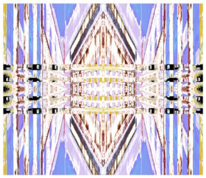 Manufakturen-Blog-PopArt-Projekt: Die Königliche Porzellan-Manufaktur VII (Nacht, fragmentiert), hellblau / rosa (Foto: Wigmar Bressel); basierend auf einer Collage nach einem Foto des KPM-Quartiers in der Wegelystraße in Berlin - nochmal "auf links gedreht".
