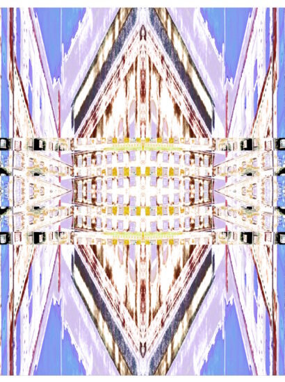 Manufakturen-Blog-PopArt-Projekt: Die Königliche Porzellan-Manufaktur VII (Nacht, fragmentiert), hellblau / rosa (Foto: Wigmar Bressel); basierend auf einer Collage nach einem Foto des KPM-Quartiers in der Wegelystraße in Berlin - nochmal "auf links gedreht".
