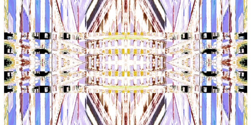 Manufakturen-Blog-PopArt-Projekt: Die Königliche Porzellan-Manufaktur VII (Nacht, fragmentiert), hellblau / rosa (Foto: Wigmar Bressel); basierend auf einer Collage nach einem Foto des KPM-Quartiers in der Wegelystraße in Berlin - nochmal "auf links gedreht".